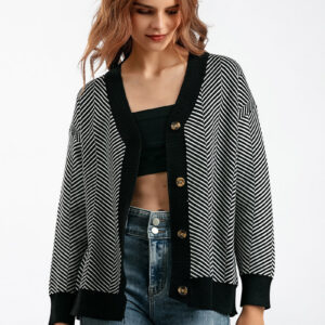 Striped V-Neck Buttoned Knit Sweater