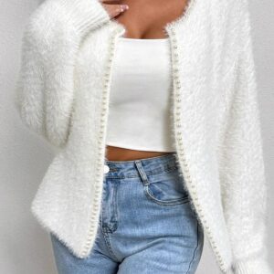 Elegant Pearl V-Neck Knit Sweate