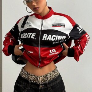 Letter Design Zip Color Block Biker Chic Long Sleeve Jacket