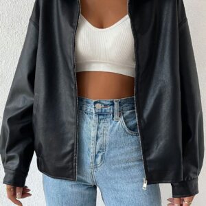Solid Color Leather Look Jacket